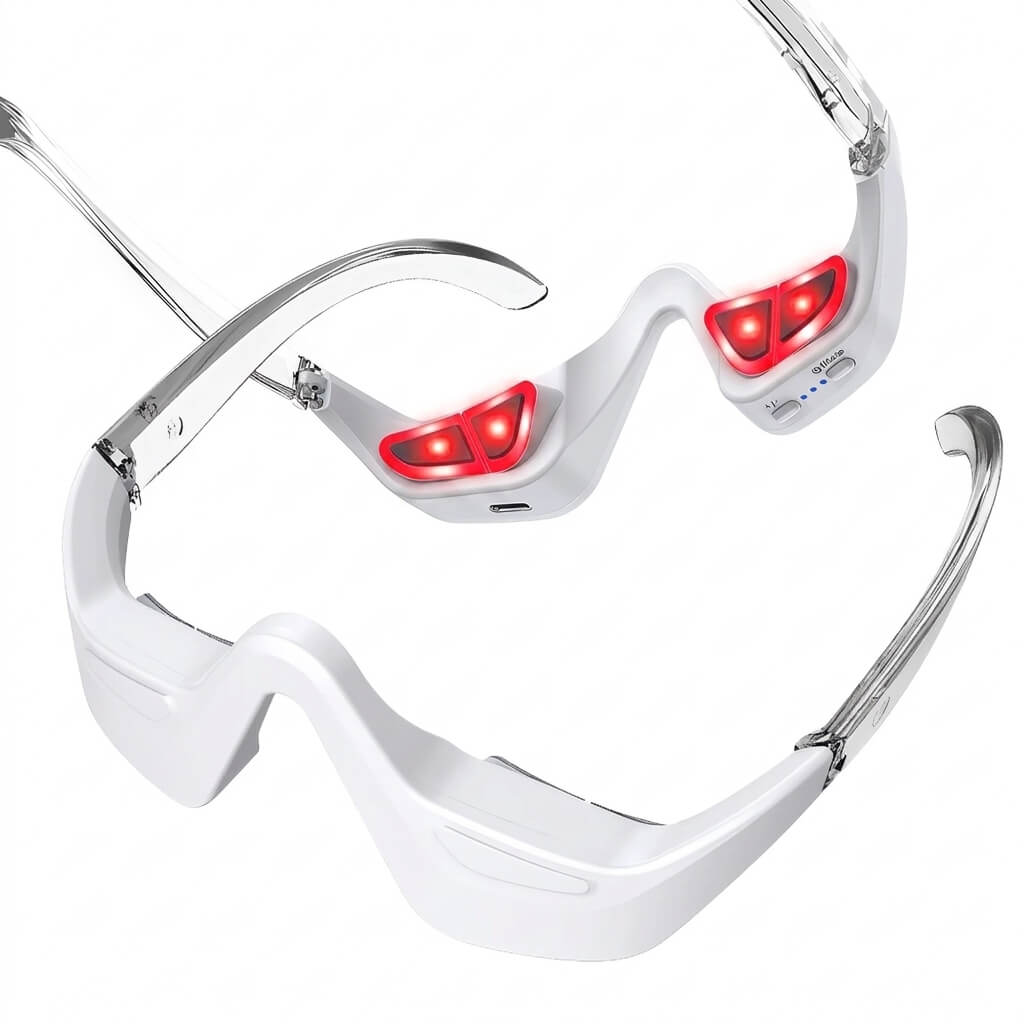 Close-up of Alurea LED eye wellness device control buttons