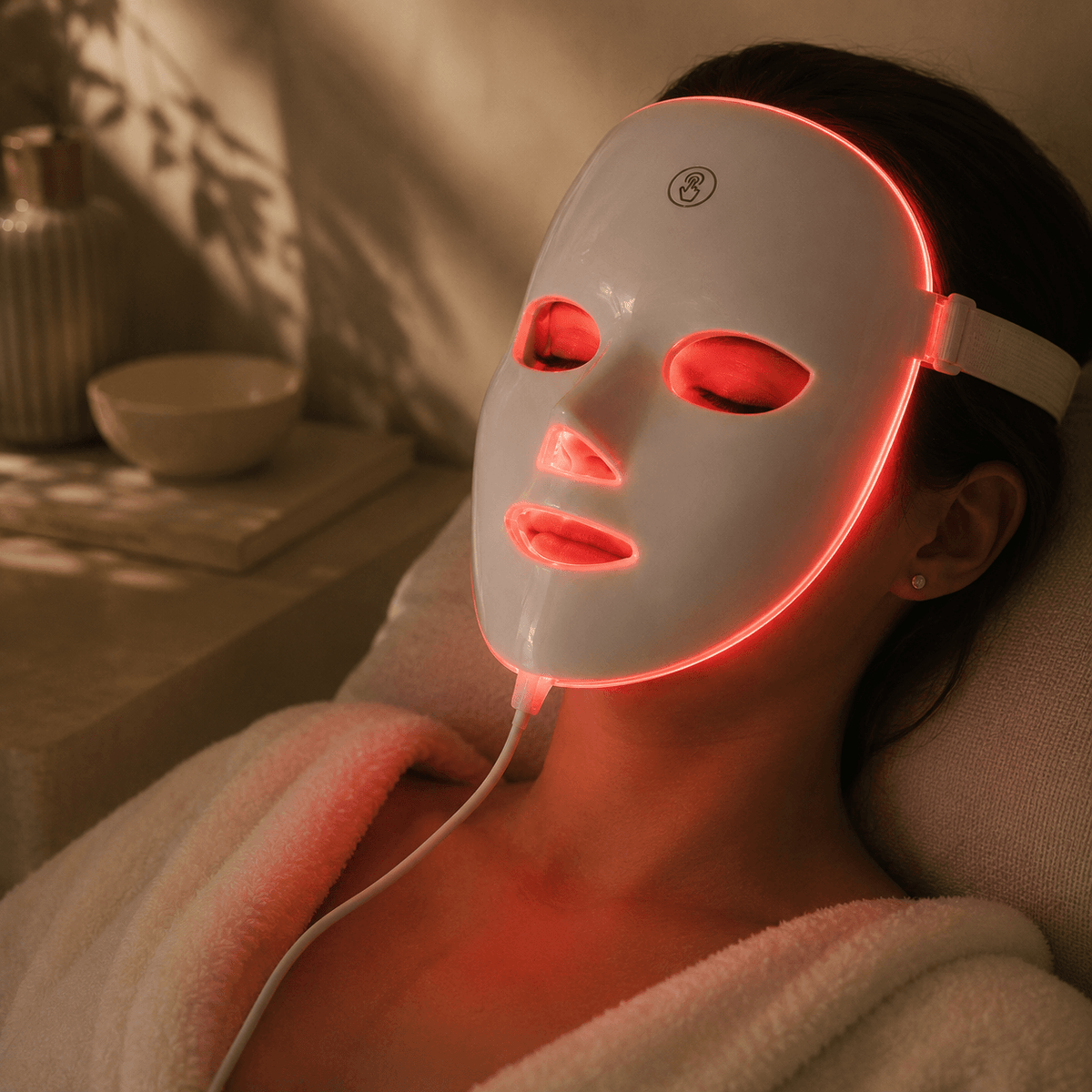 women wearing a LED facial mask during skincare routine
